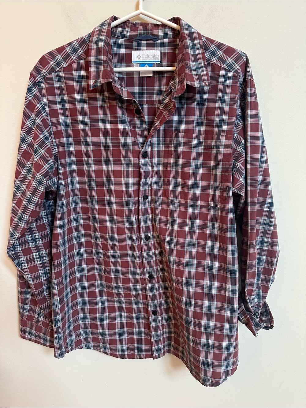 Columbia Men's Burgundy and Gray Plaid Button-Down Shirt
